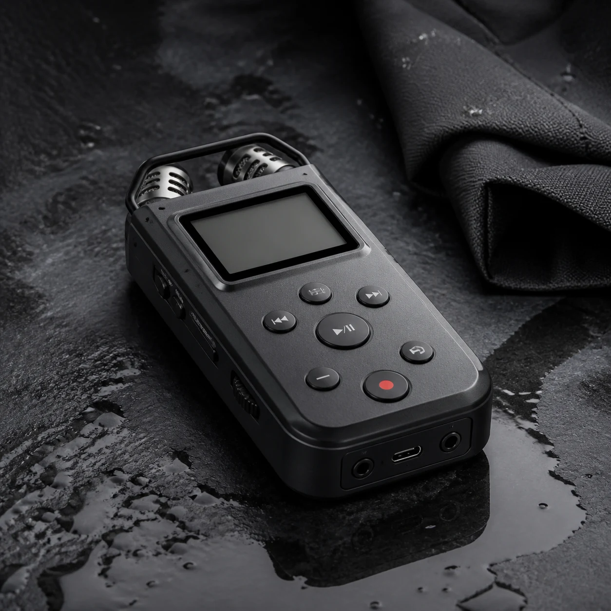Compact field recorder staged on a wet mineral surface