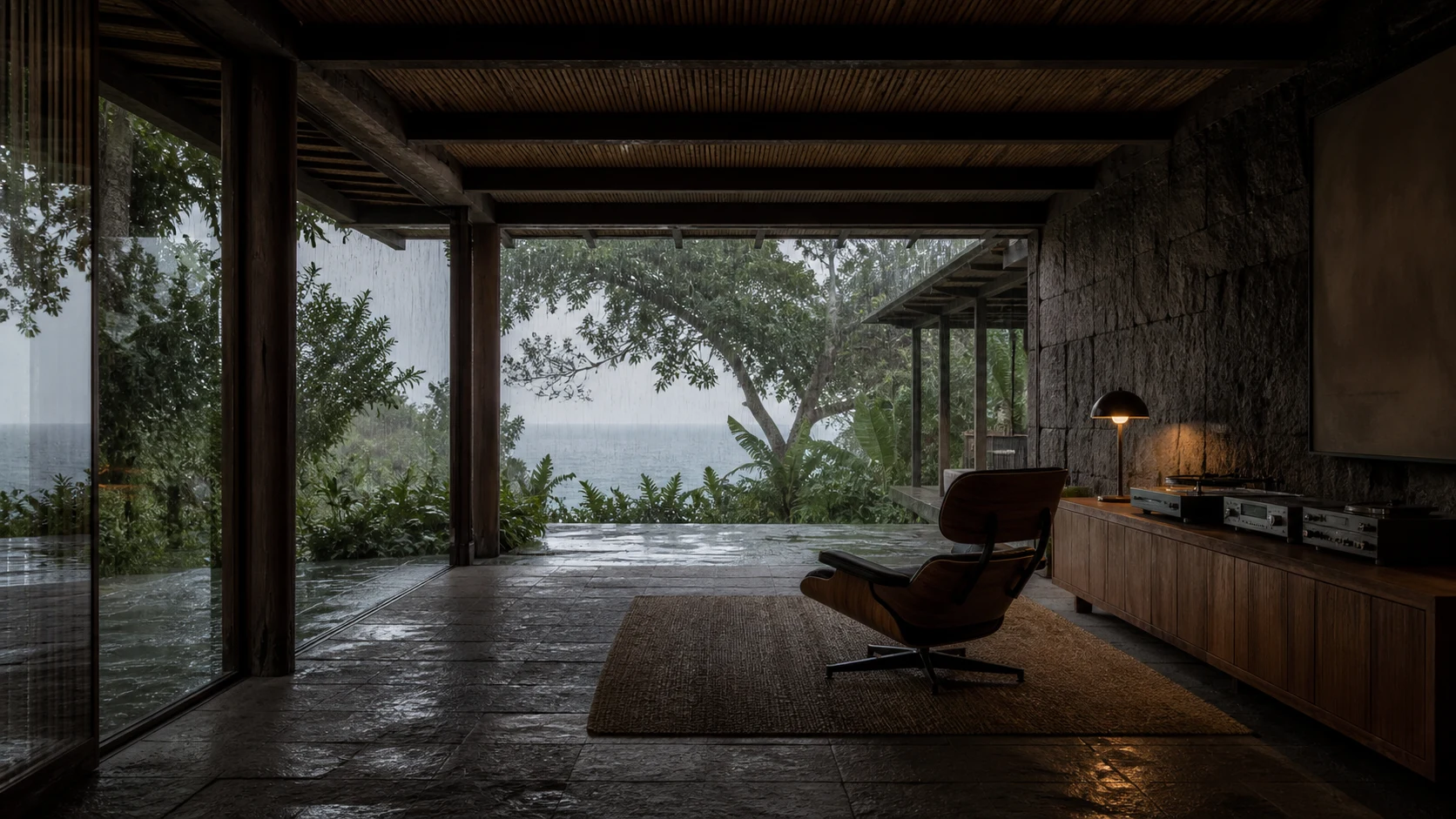 Tropical listening room facing a rain storm